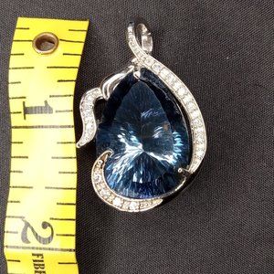 925 Sterling Silver Fancy Huge Pear Shape Topaz & Sapphire Pendant